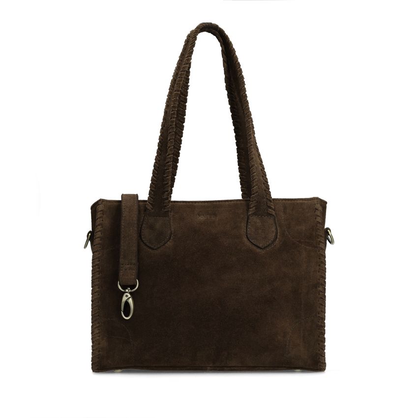 Manfield Bruine suède handtas met gevlochten details