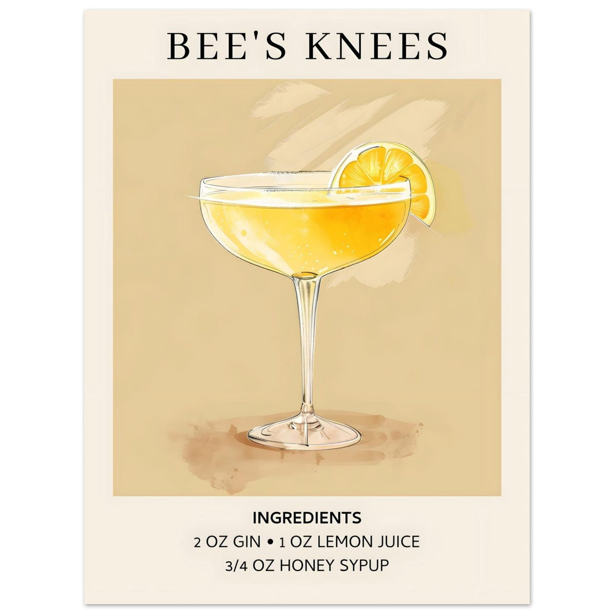 Artfulprints Poster Bee's Knees cocktail - Ingrediënten  - 30x40 cm - Geel
