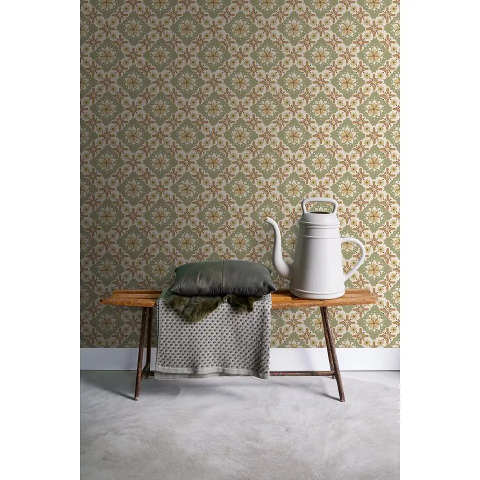 ESTAhome behang vintage bloemen groen en terracotta - 50 x 900 cm