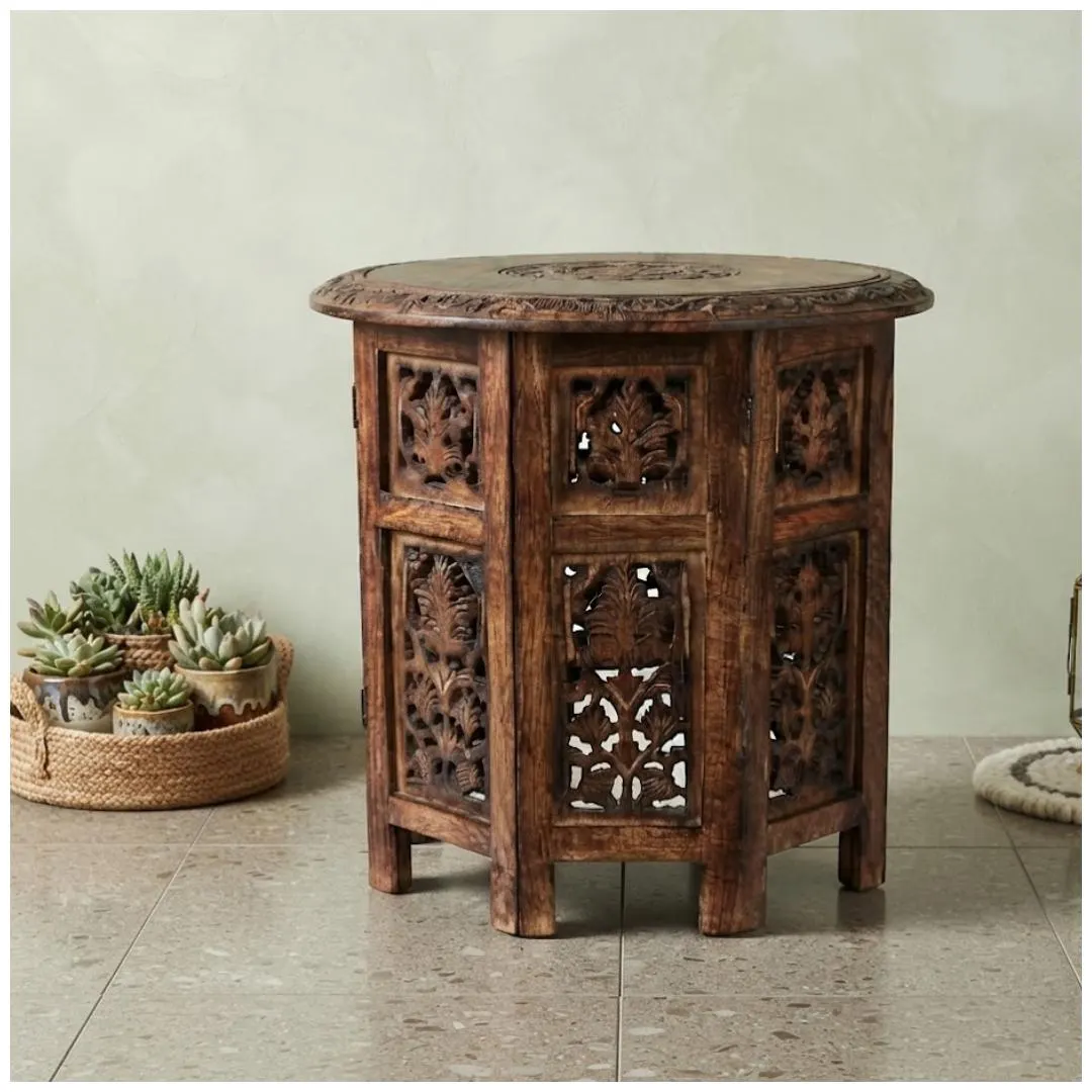 Solid Mango Wood Octagonal Side Table, 18 Inch Rustic End Table with Burnt Finish, Farmhouse Nightstand for Small Spaces