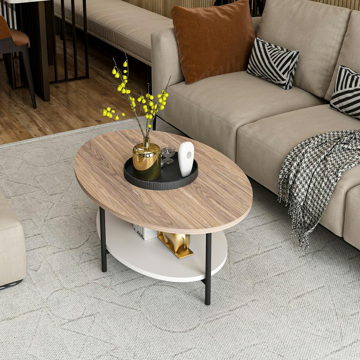 Table basse ovale double plateau effet bois et blanc JENA