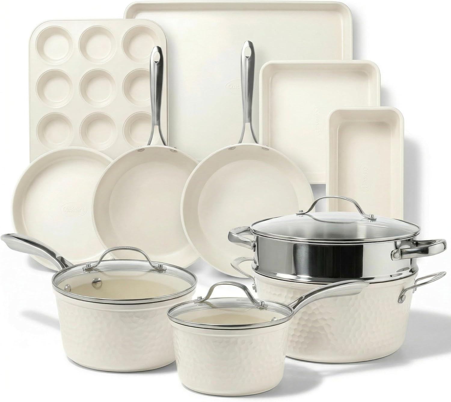 Gotham Steel Hammered 15Pcs Ceramic Cookware Set Nonstick, Induction Pots and Pans Set Non Stick with Bakeware Set & Steamer for Cooking, Non Toxic PFOA PFOS Free, Oven & Dishwasher Safe, Cream White