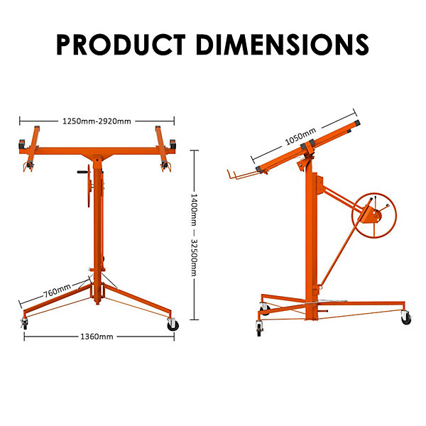 élévateur de plaques de plâtre XXL, orange - Capacité de charge 68 kg, hauteur réglable de 140 à 325 cm - Aide à la pose de