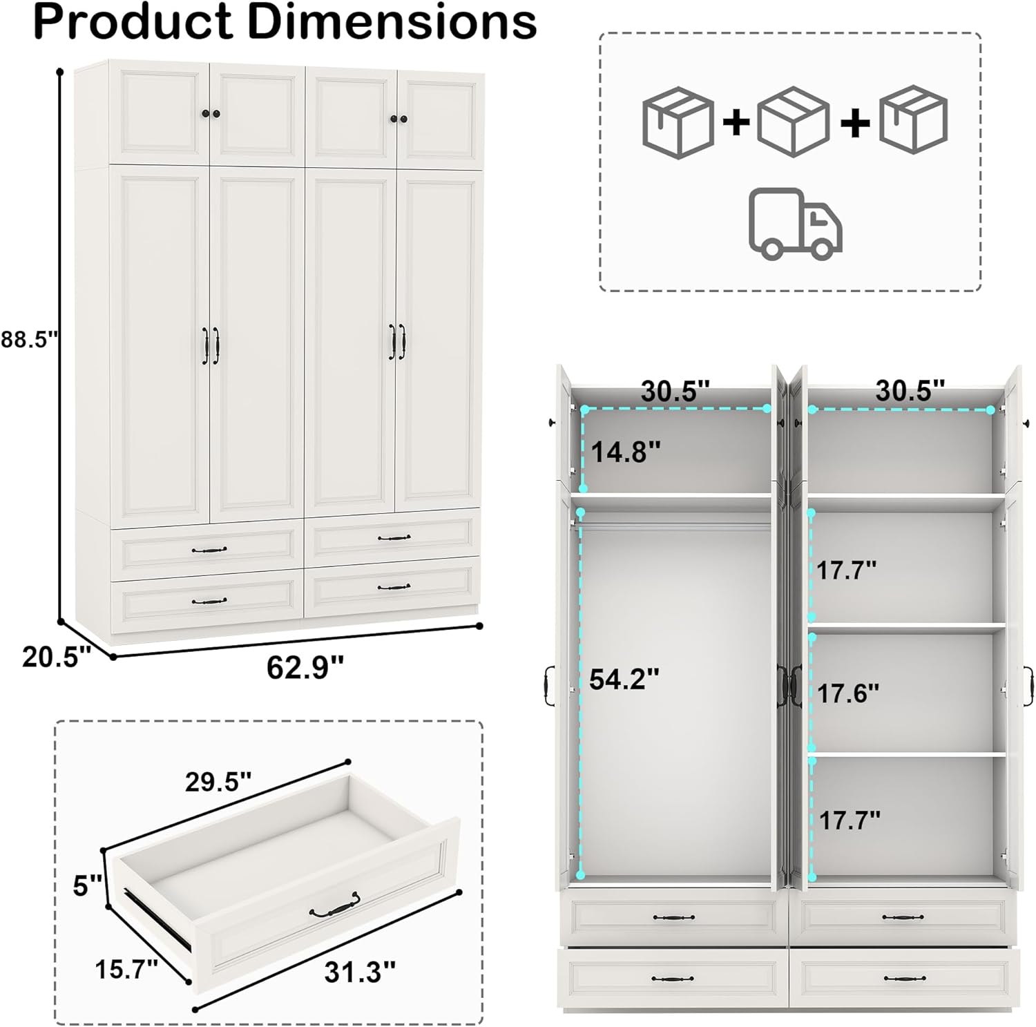 Armoire Wardrobe Closet with Doors: 89 Extra Tall White Wardrobe with Storage on Top, Bedroom Armoires with 4 Doors and 4 Drawers, Large Wood Closet Armoire for Hanging Clothes (B, 63)