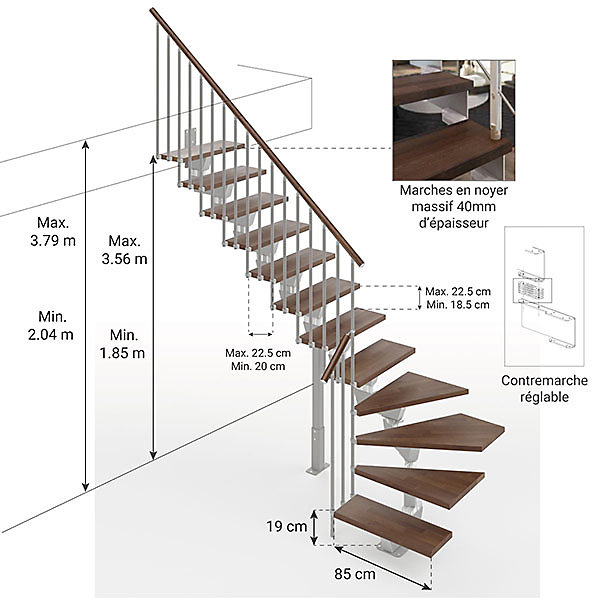 Escalier quart tournant 15 marches - Hauteur à franchir de 2.97 à 3.56m - Largeur 85cm - Limon central - Noyer et anthracite -