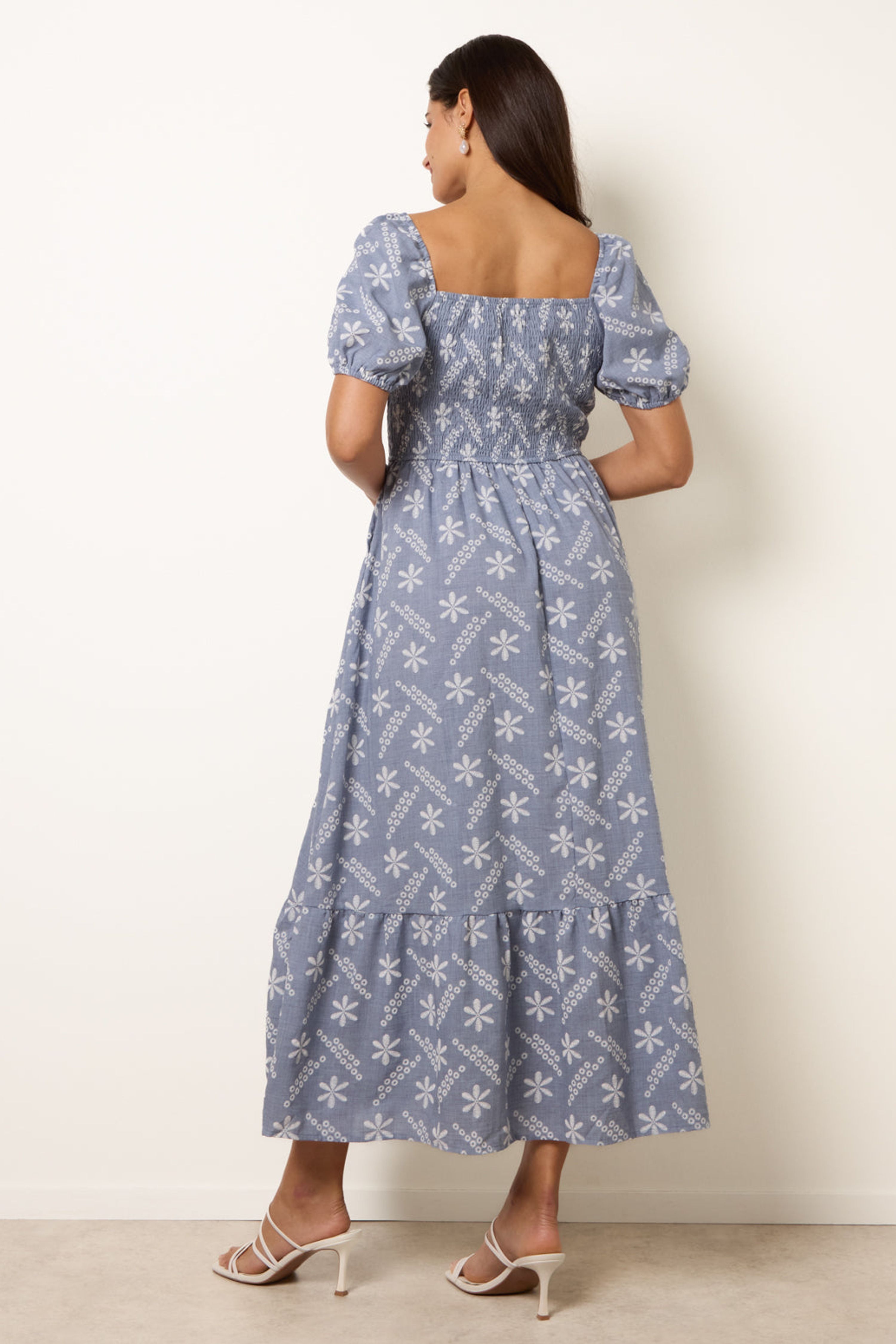 Blue Vanilla Blue Embroidery Puff Sleeve Midi Dress