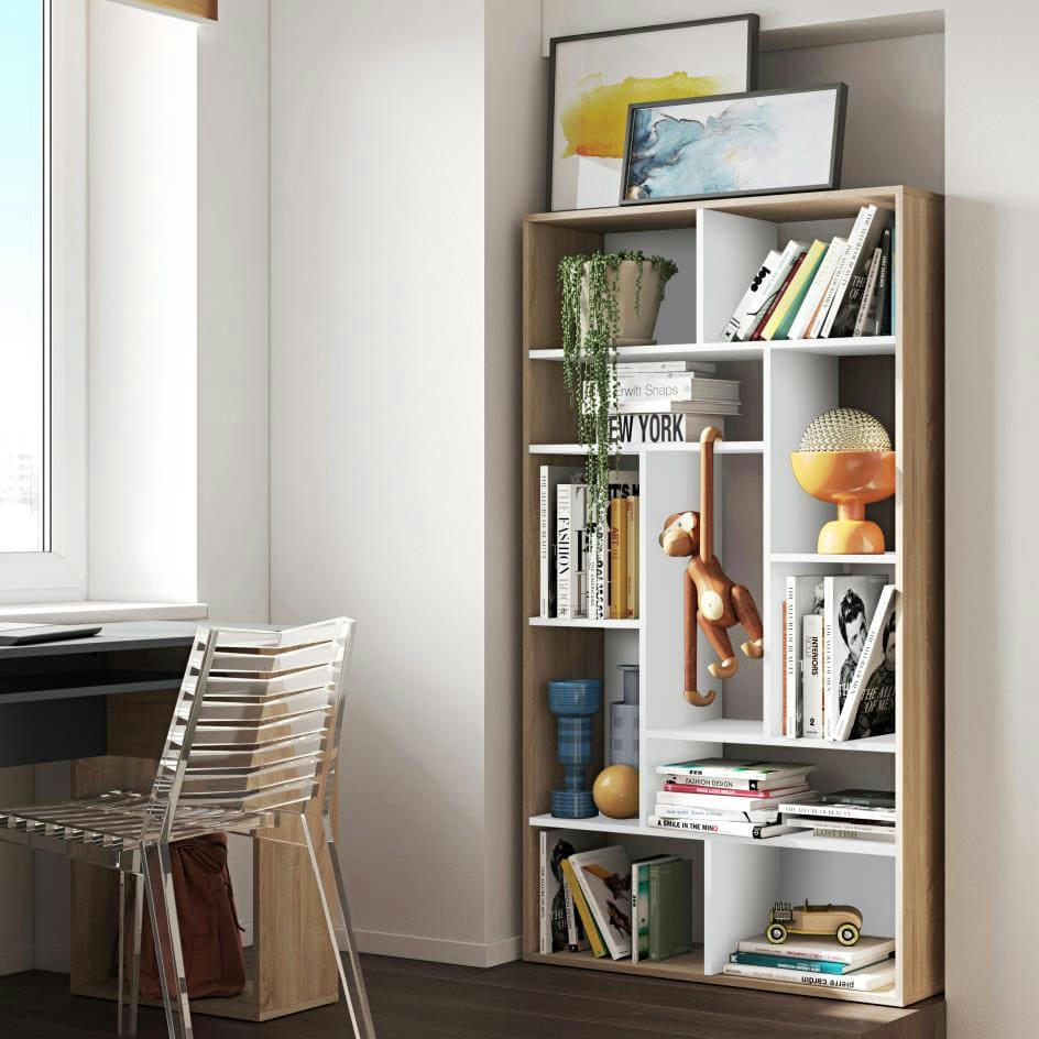 SEOUL - Bibliothèque effet bois blanc et chêne naturel