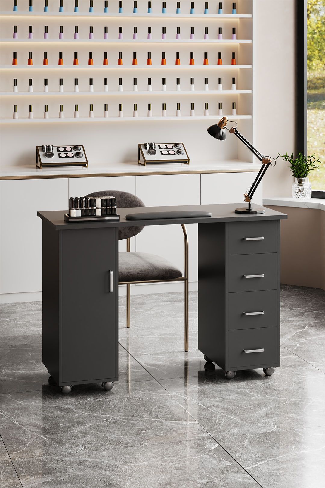 SHEONLY Mobile Manicure Table with 1 Cabinet and 4 Drawers