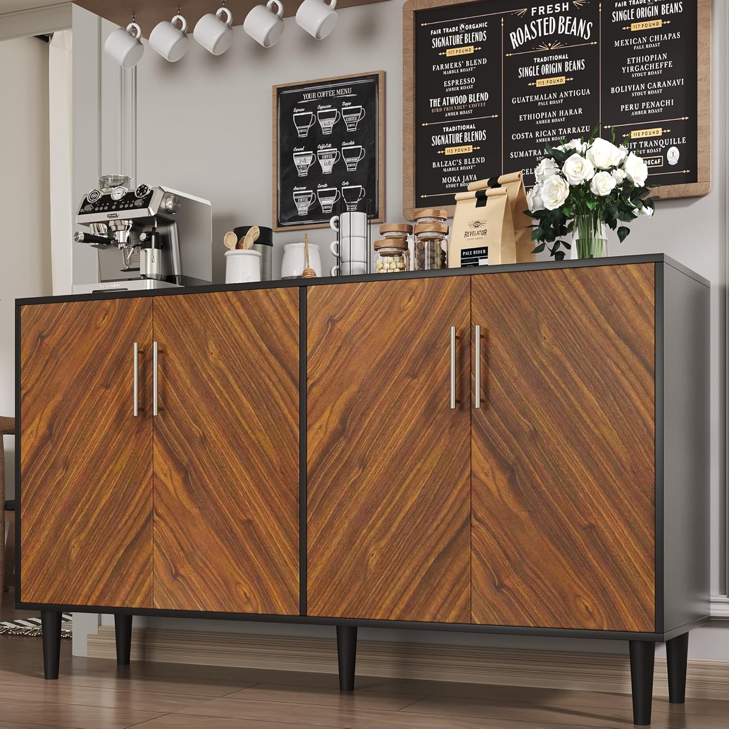 4 EVER WINNER 58 Buffet Cabinet with Storage, Coffee Bar Cabinet with 4 Large Doors, Storage Cabinet with Adjustable Shelves for Living Room, Kitchen, Black