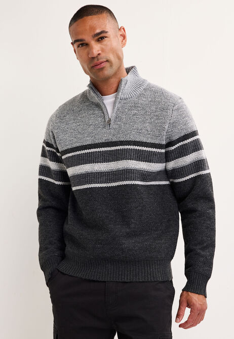 Mens Grey Stripe Sherpa Zip Neck Jumper