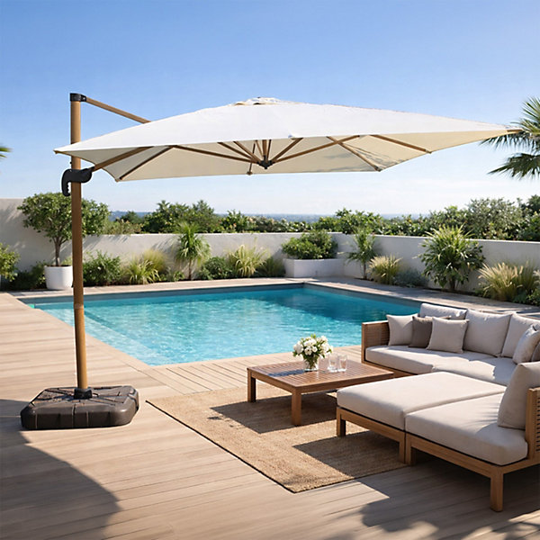 Parasol rectangulaire 3x4m déporté rotatif écru pied effet bois en aluminium degrés CESARE