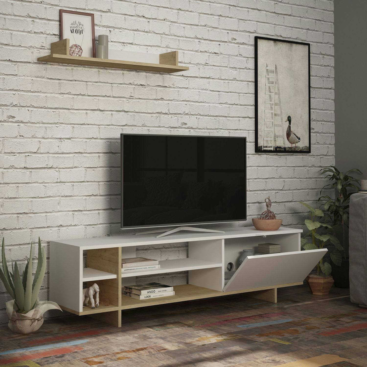STOCKTON - Meuble TV 160 cm blanc et bois naturel