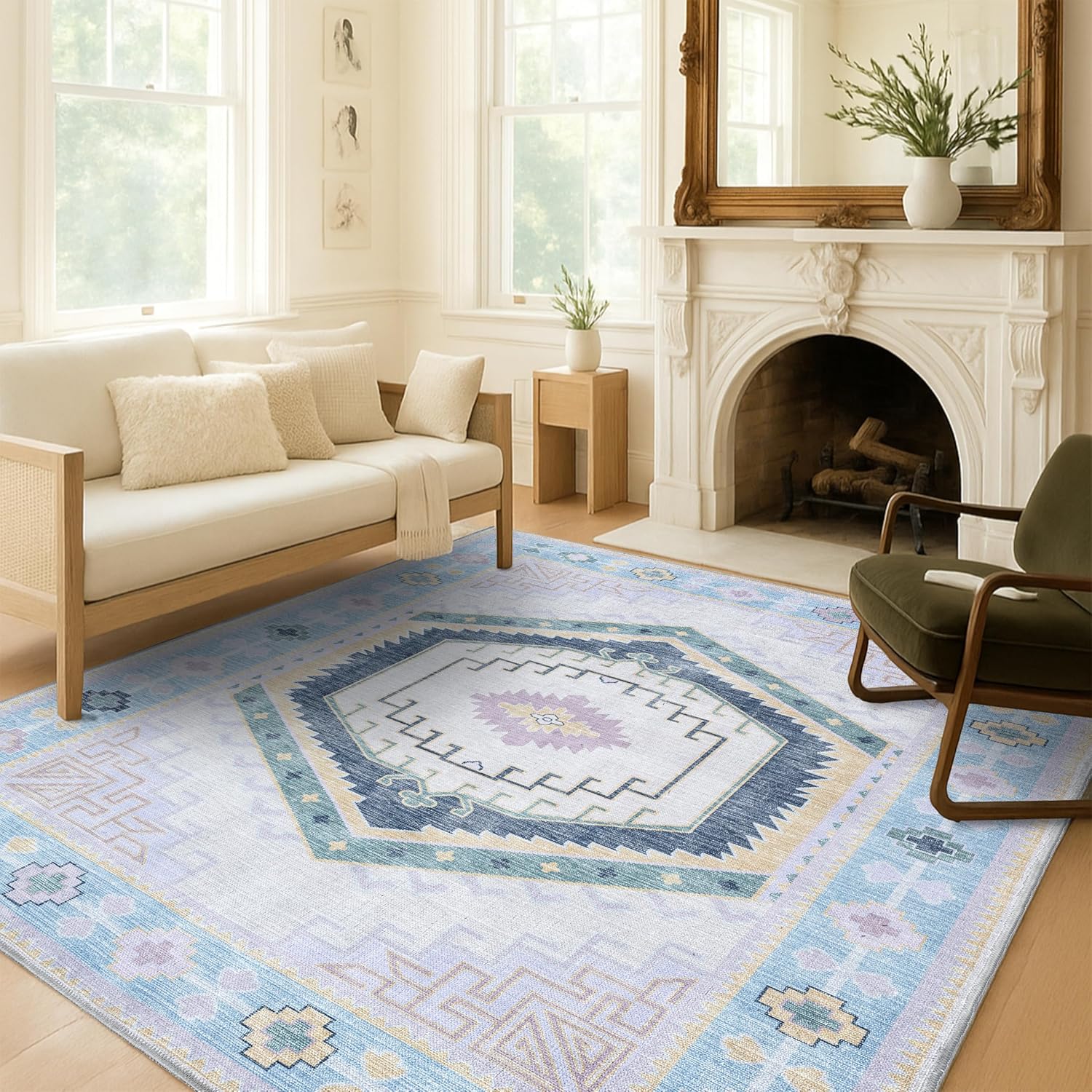 Fame Living Washable Area Rug. Modern Farmhouse. Vintage. Turkish. Bohemian. Distressed. Oriental. Traditional. Rugs for Living Room. Dining. Bedroom. Office. Entryway. Foyer. (856PBl, 9'5 x 14')