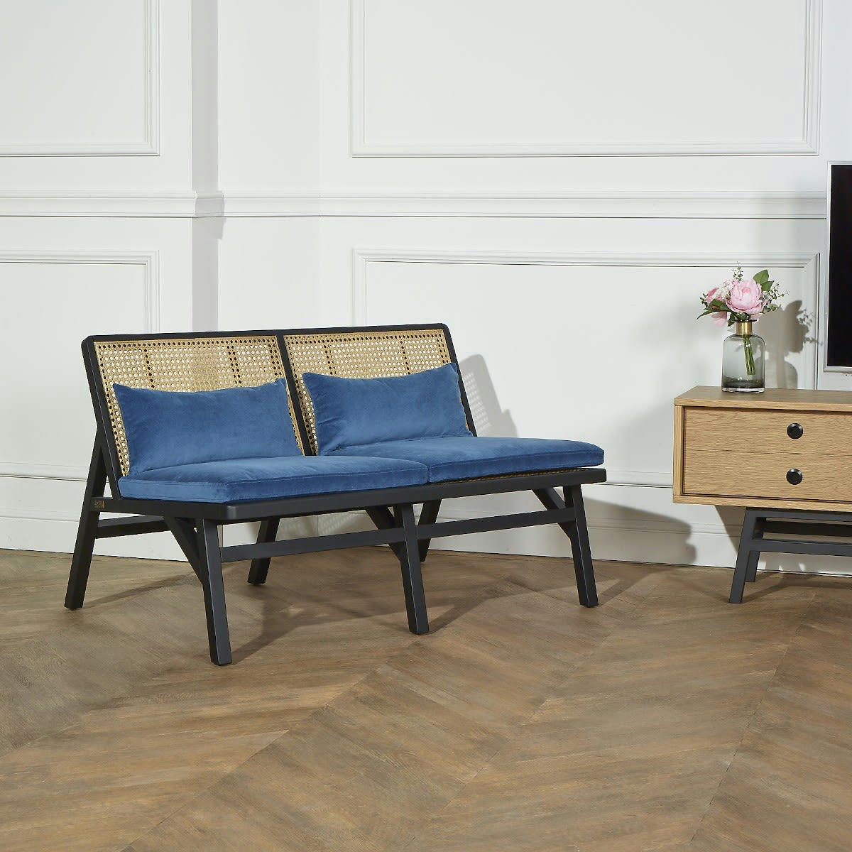 LALALA - Banquette chêne laqué noir cannage et velours 2 places bleu orage