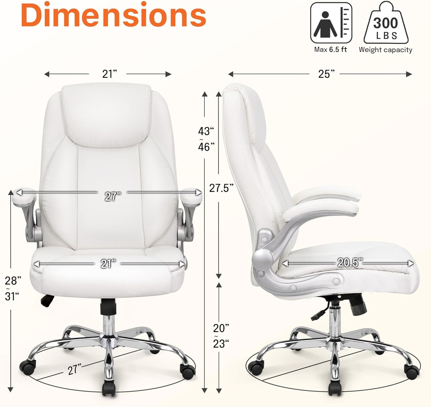 NEO CHAIR Office Desk Gaming Computer Home Chair Ergonomic Executive High Back Support Flip-up Arms Adjustable Height Swivel Rolling Wheels Comfy PU Leather (White)