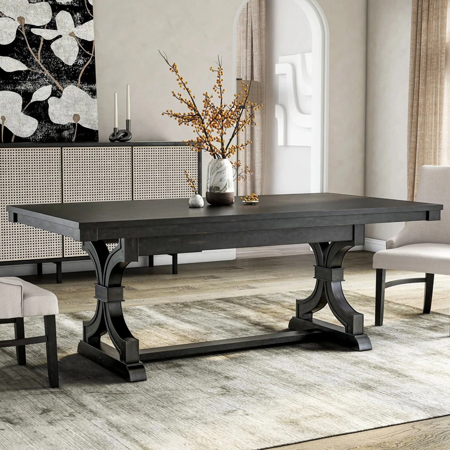 Rectangular Wooden Dining Table with Trestle Base in Black