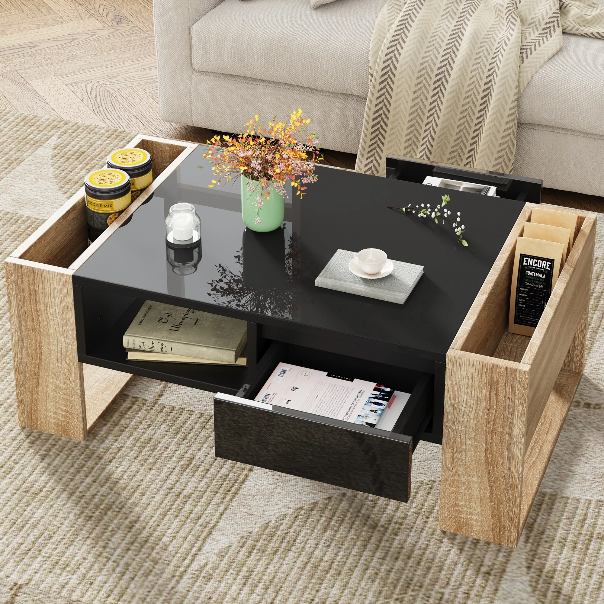 High Glossy Coffee Table Lounges Center Table with 2 Drawers, Storage Legs, Rectangle Wood Cocktail Table for Living Rooms