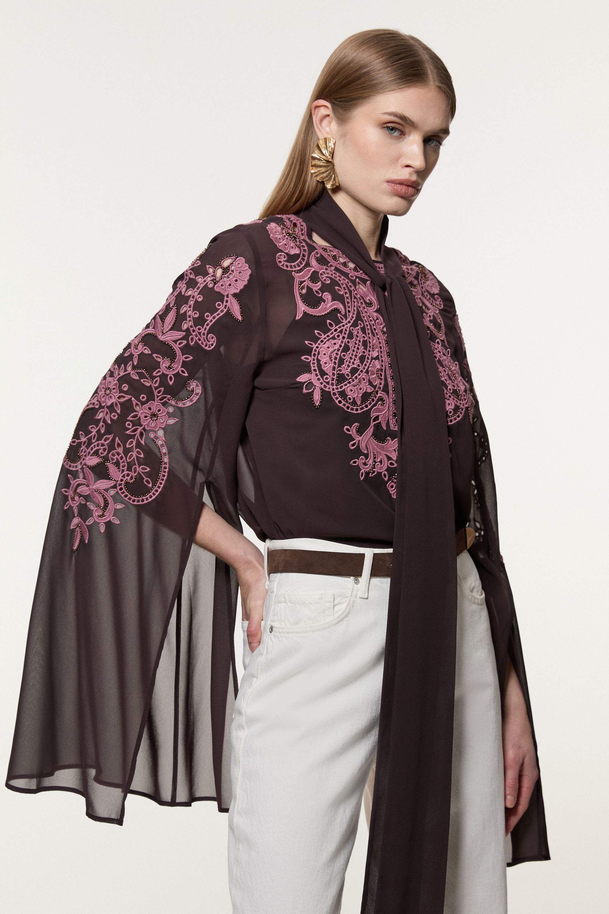 KarenMillen Tall Cutwork Beaded Georgette Tie Neck Woven Blouse With Drama Sleeve