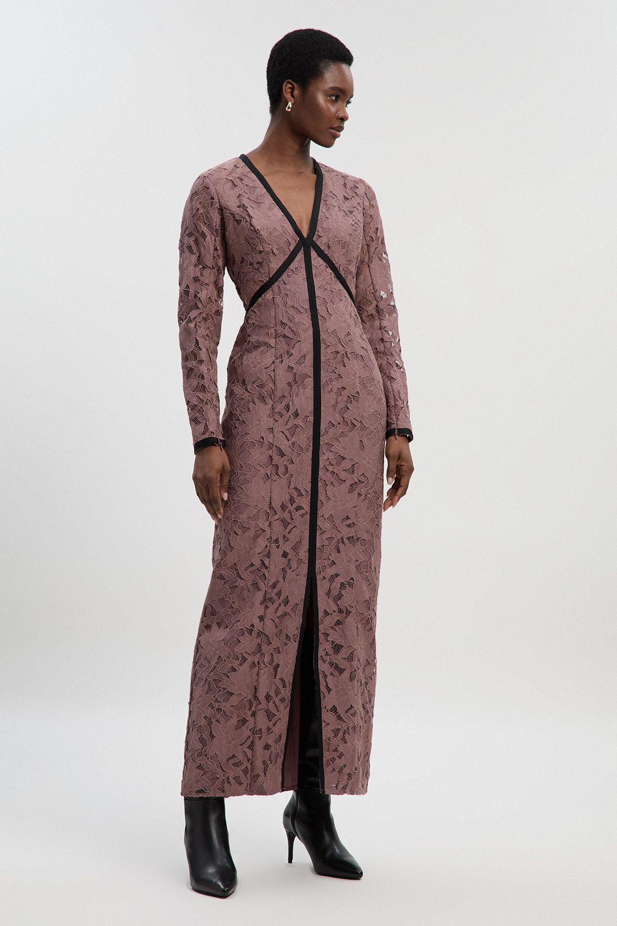 KarenMillen Lace with black taping long sleeve woven maxi dress