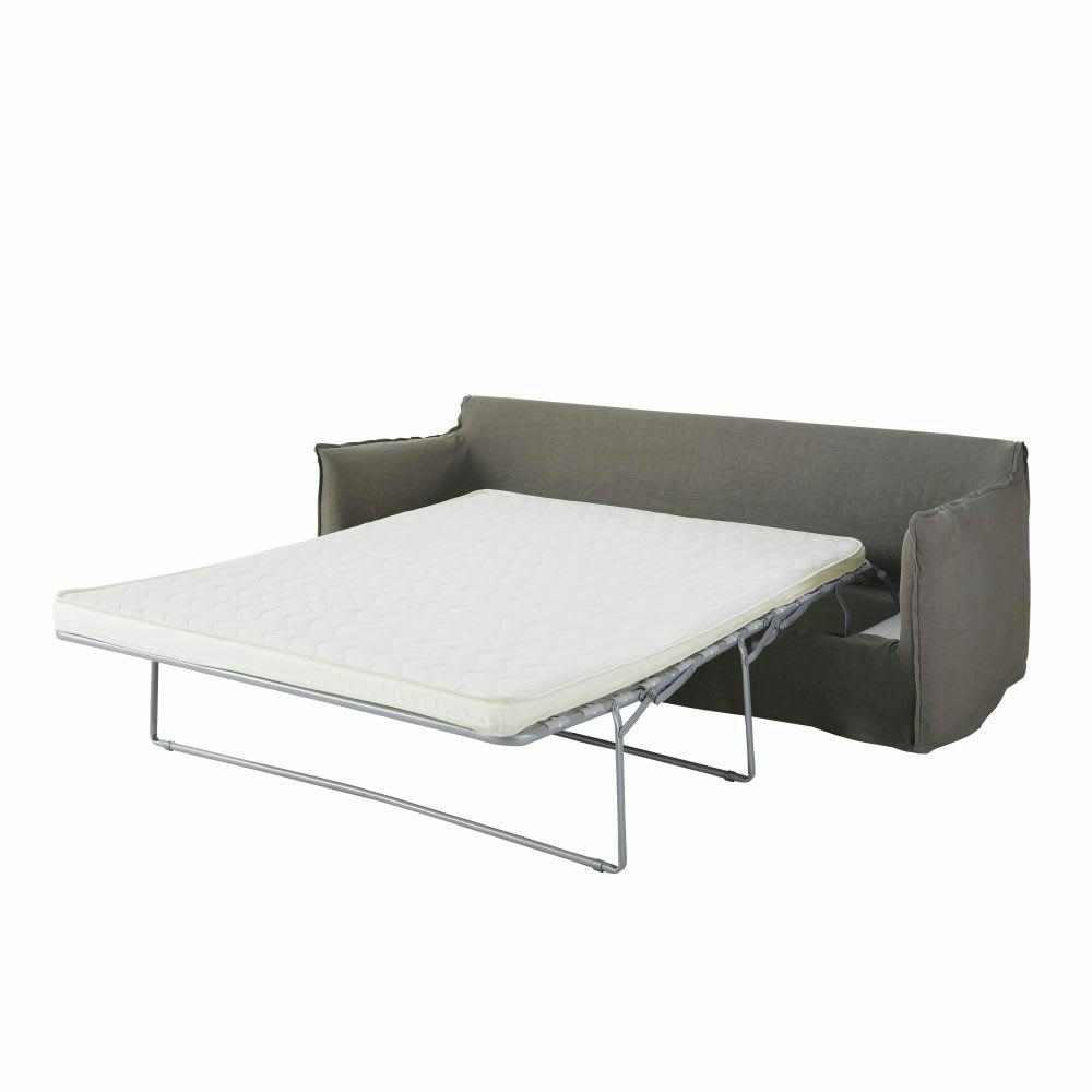Barcelone - Canapé convertible 3/4 places en lin épais gris, matelas 6 cm