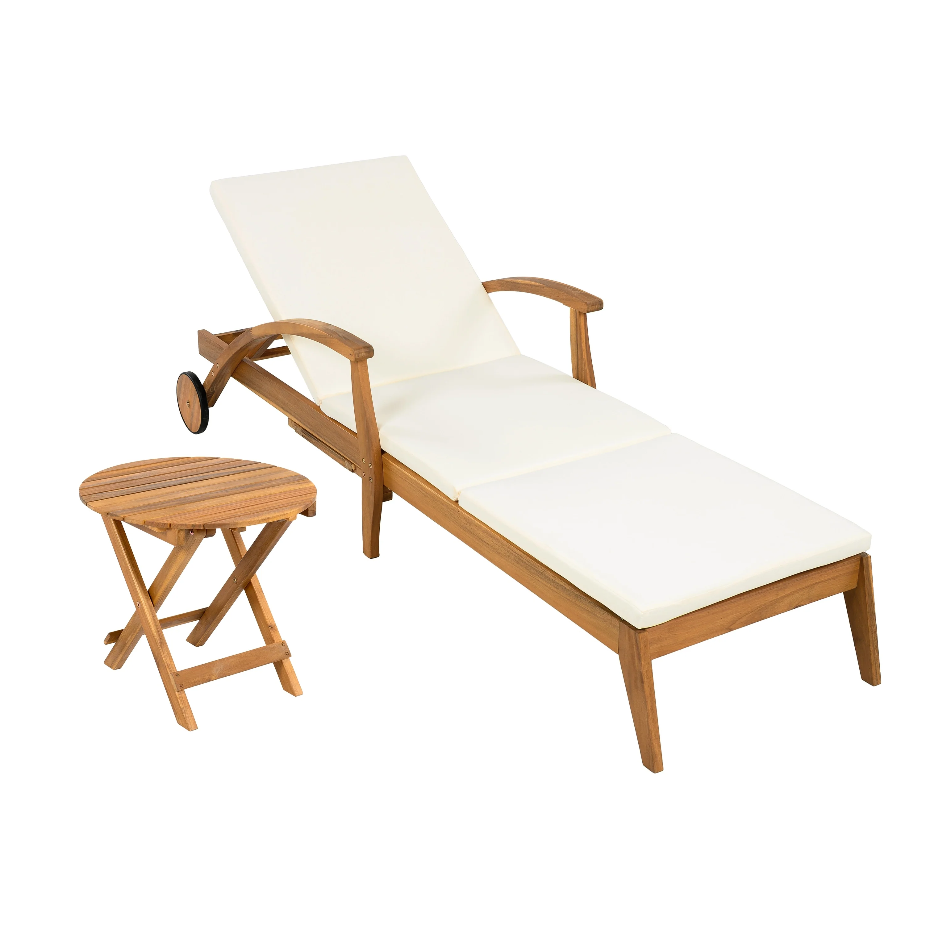 Wood Outdoor Chaise Lounge Set with Wheels, Adjustable Backrest, Foldable Side Table and Cushions for Poolside Balcony