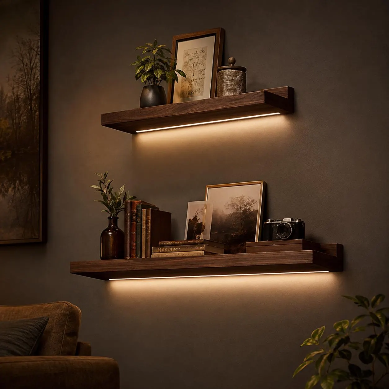 LED Floating Wood Shelf, Lighted Pine Wall Decor, Modern Ambient Lighting