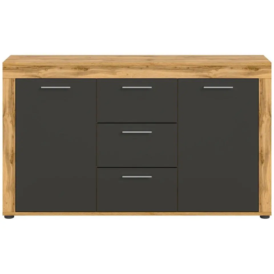 Hioshop Jam dressoir 2 deuren- 3 lades grijs- eiken decor