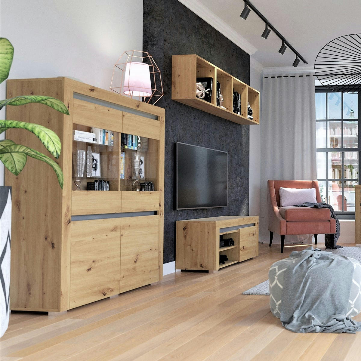 - Vaisselier 4 portes LED inclus stratifiés naturel et gris