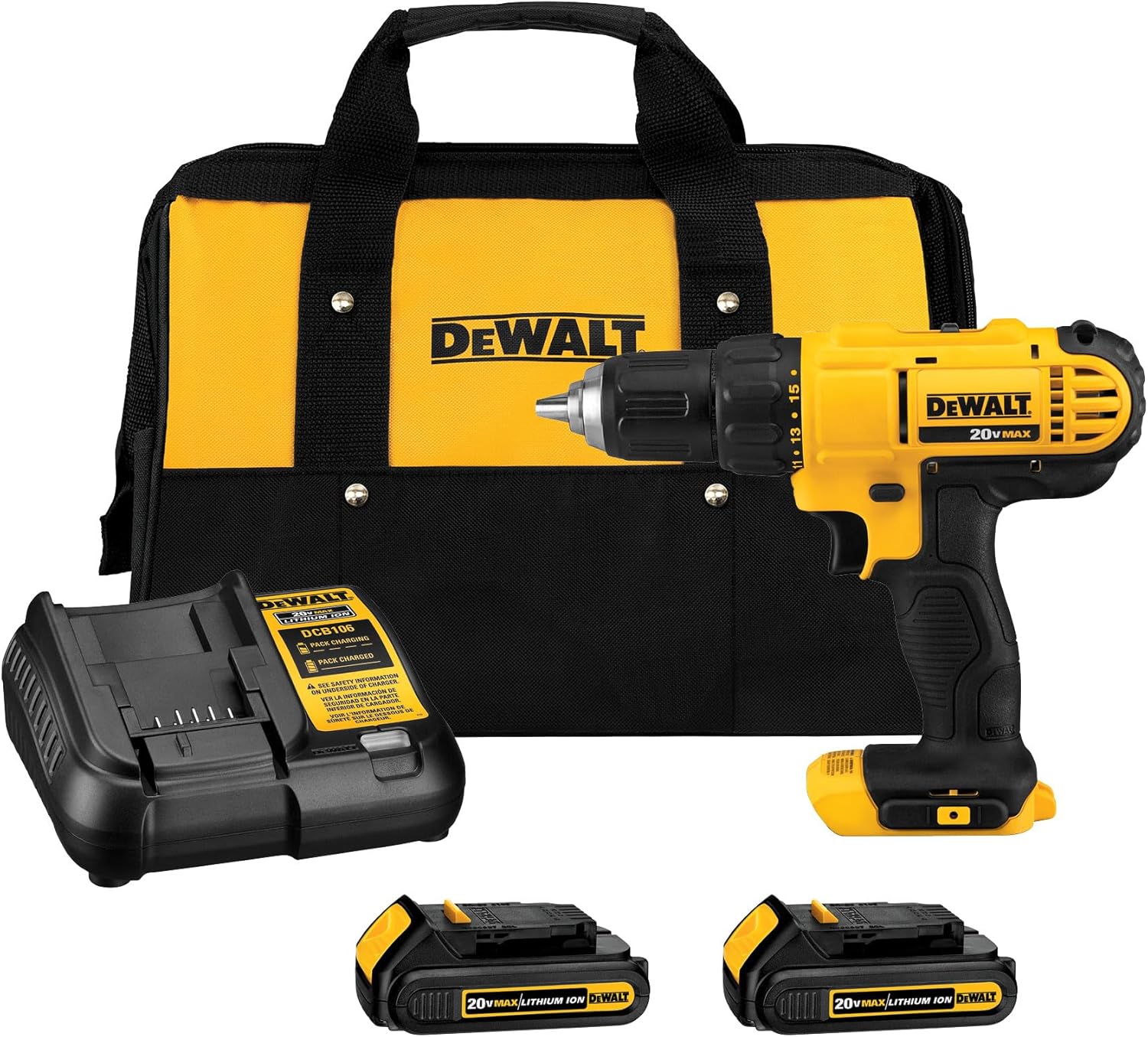 DEWALT 20V Max Cordless Drill Driver Set, 2 Speed, High Performance Motor, Includes 2 XR 1.3Ah Li-Ion Batteries, Charger and Contractor Bag (DCD771C2)