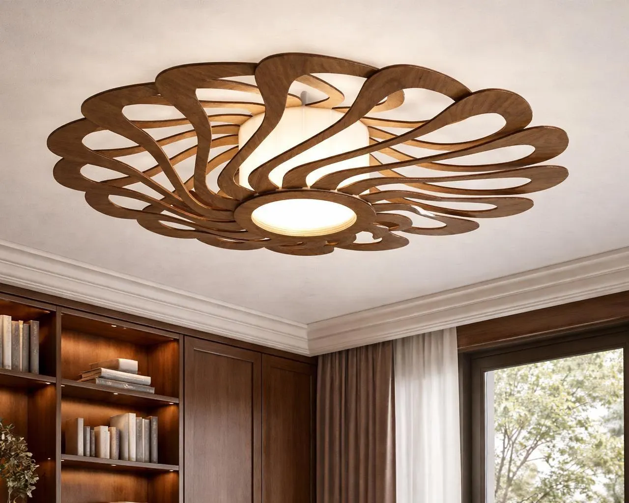 Wood Flush Mount Light: Scandinavian Style Chandelier, Warm Lighting, Wave Brown