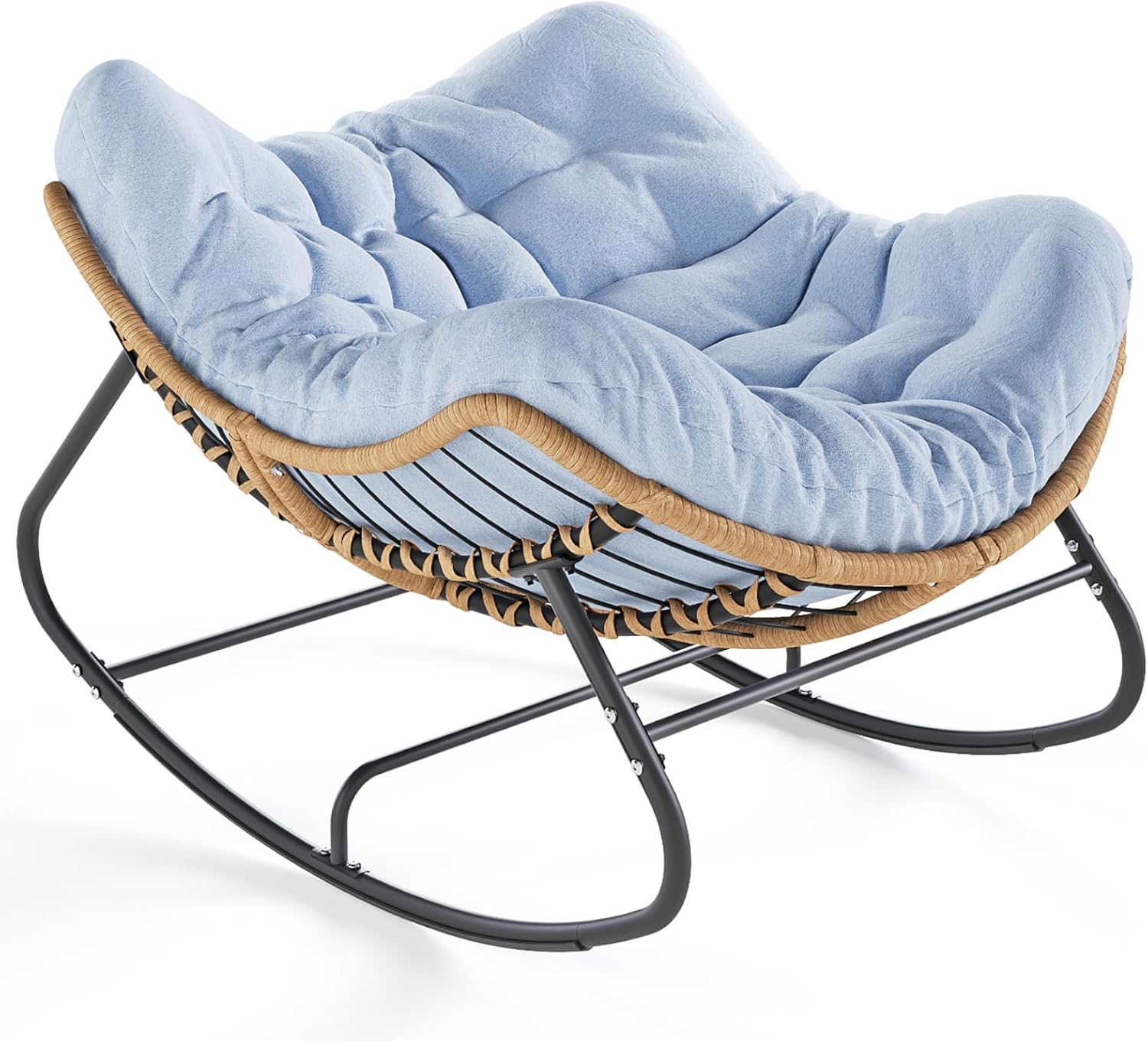 SWITTE Outdoor Rocking Chair, Oversized Patio Papasan Rocker, Comfy Wicker Reading Lounge, Indoor Bed-Like Egg Chair for Bedroom,Balcony, Porch, Garden, Light Blue