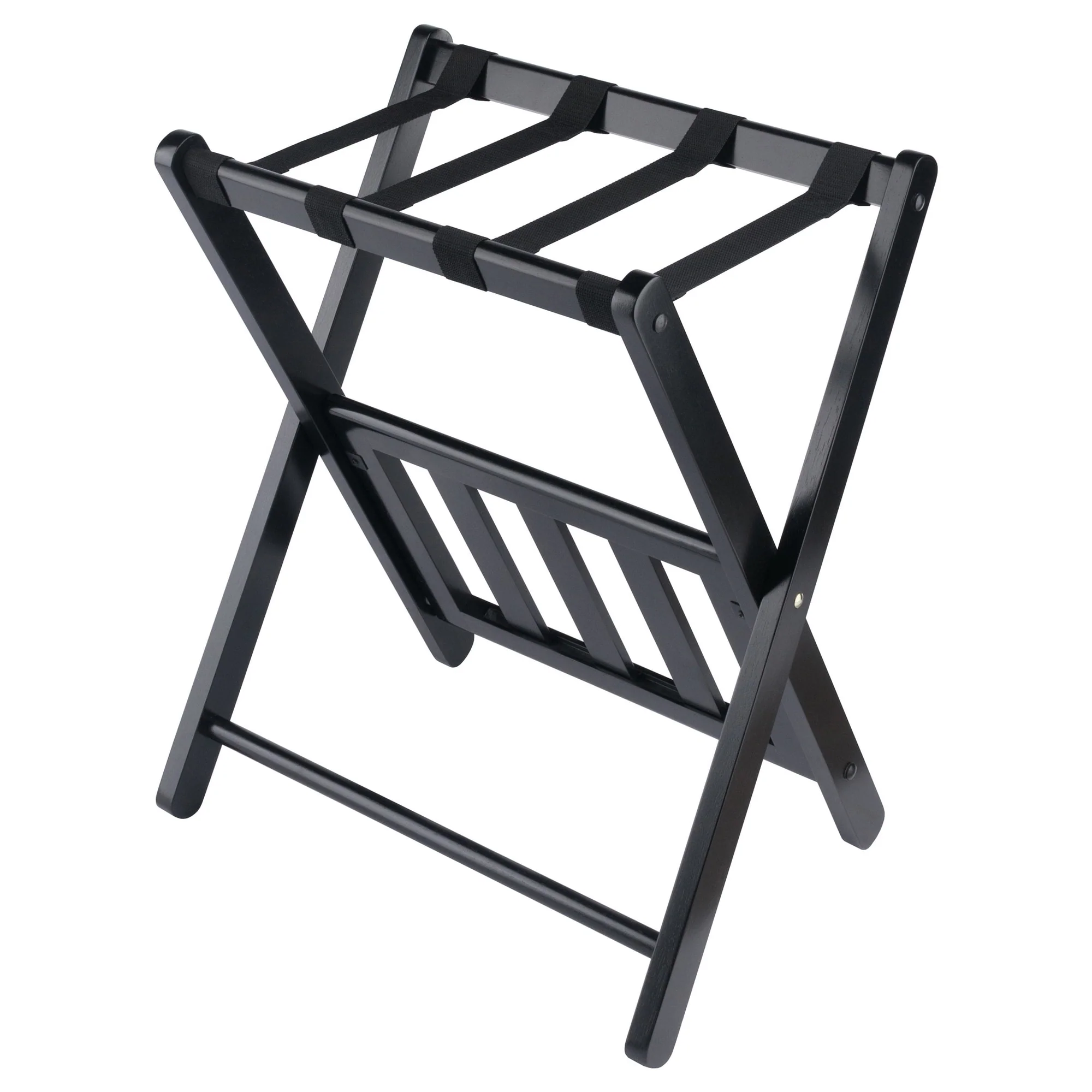 Wooden Foldable Luggage Rack with Shelf - 24.75 - Black