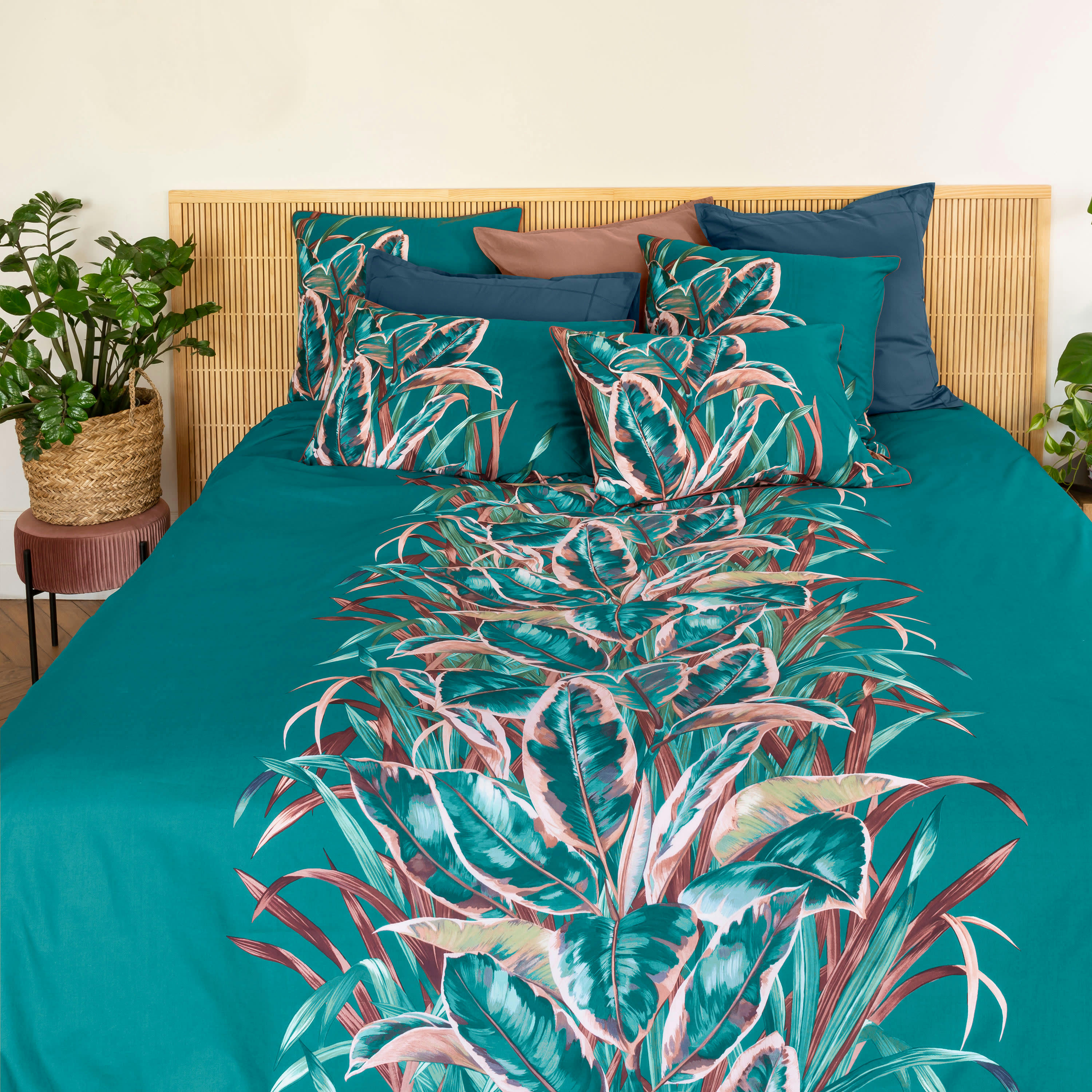 CALATHEA - Housse de couette réversible percale de coton  rose 240x220