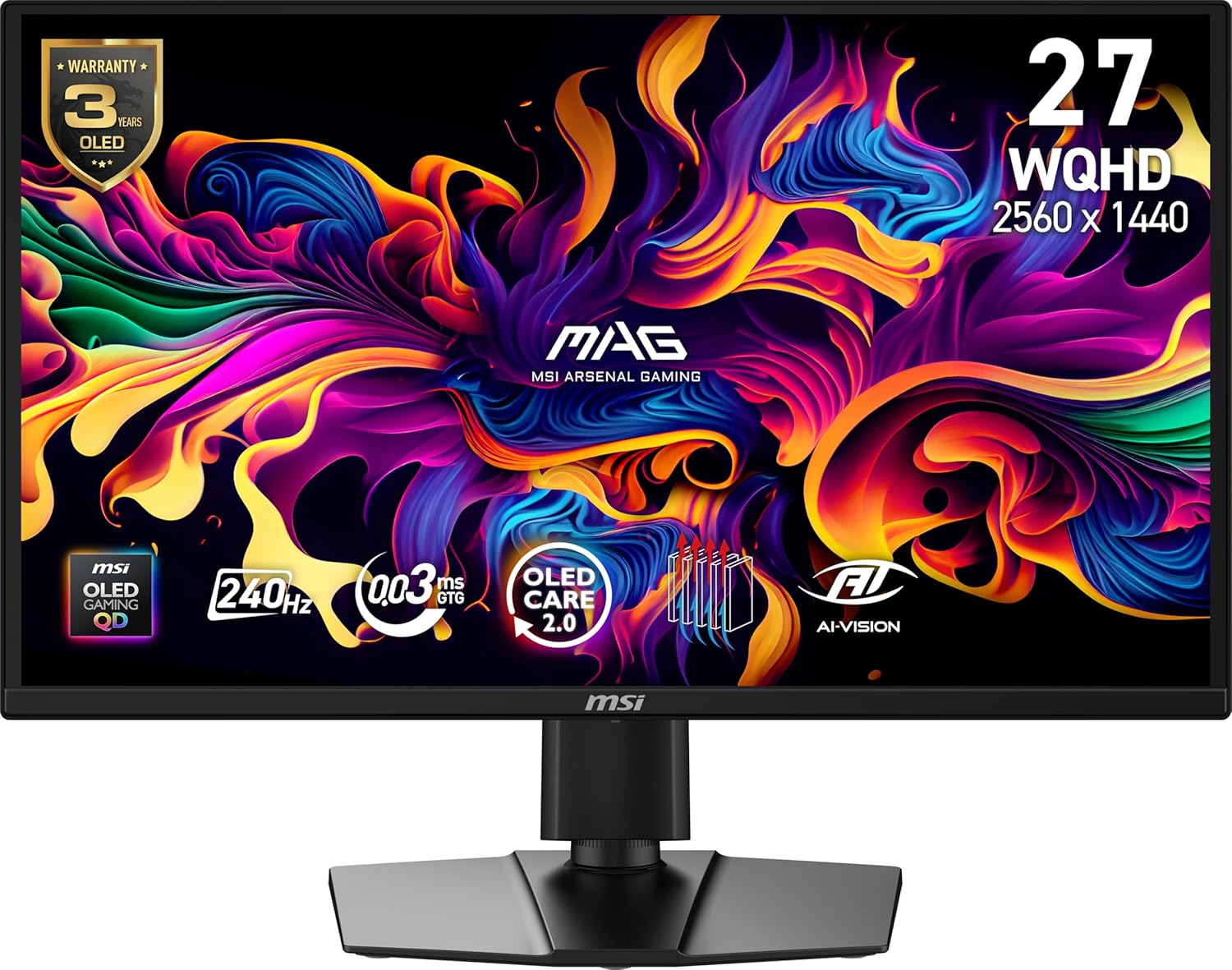 msi MAG 272QP QD-OLED X24 27-inch 2560 x 1440 (QHD) Gaming Monitor  240Hz  Adaptive-Sync  HDMI  DisplayPort  VESA Mountable  Tilt  Height Adjustable  Speaker  0.03ms  Black