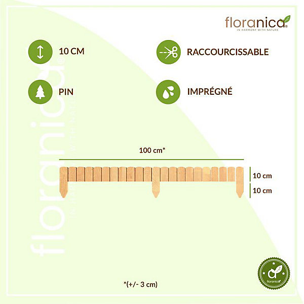 Floranica Bordure de Jardin en bois 10 x 100 cm Nature Bordurette de Pelouse Bordure de Gazon avec piquets Bordure de parterre