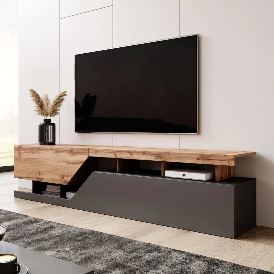 Meubella - TV-Meubel Canberra - Eiken - Antraciet - 200 cm