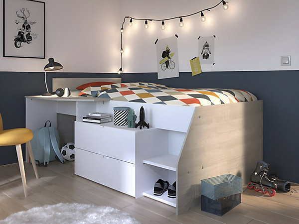 Lit avec bureau et rangements - 90 x 190/200 cm - Blanc et naturel   Sommier - GISELE