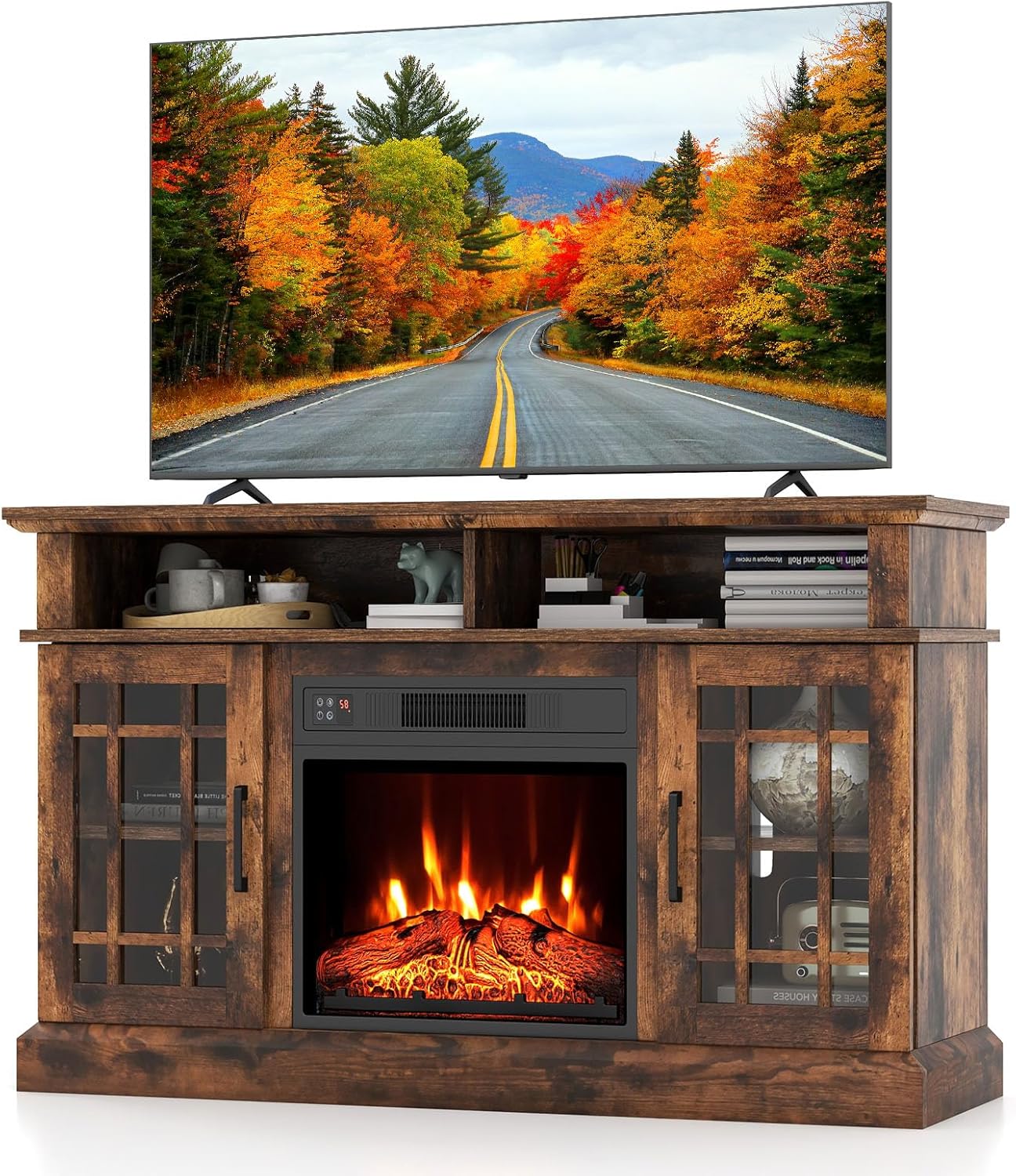 Electric Fireplace TV Stand for TVs Up to 55, Fireplace Entertainment Center with Cabinet  Adjustable Shelves, Remote Control (White)(Brown)