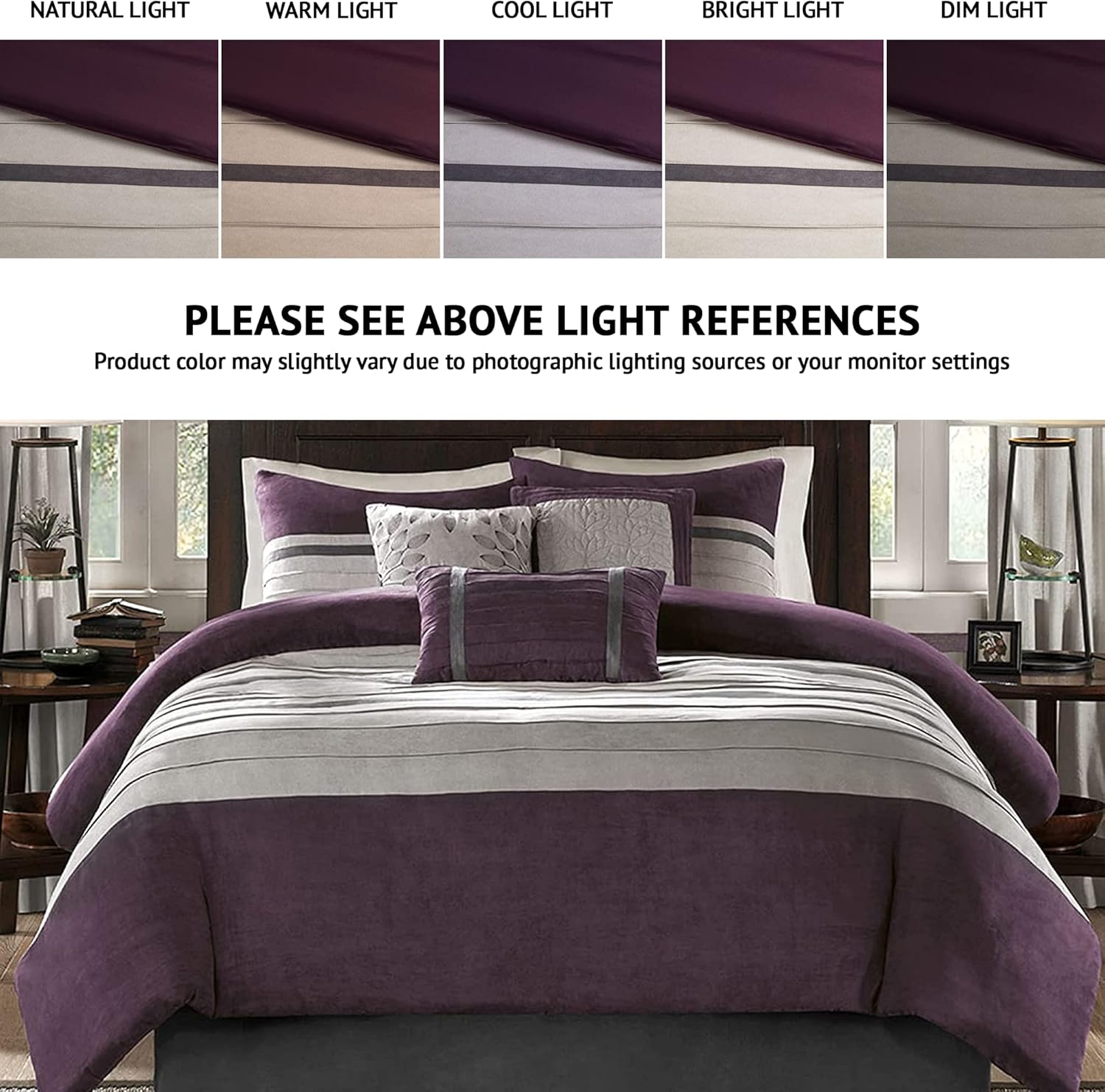 Madison Park - Palmer 7 Piece Comforter Set - Plum - California King - Pieced Microsuede - Includes 1 Comforter, 3 Decorative Pillows, 1 Bed Skirt, 2 Shams,Purple