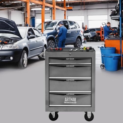 Iron-Top Rolling Tool Chest with Lockable Wheels and Side Handles, 7-Drawer Tool Storage Cabinet with Ball Bearing for Garage, Repair Shop, Required Assembly, Large Storage Capacity (Iron, 4-Gray)