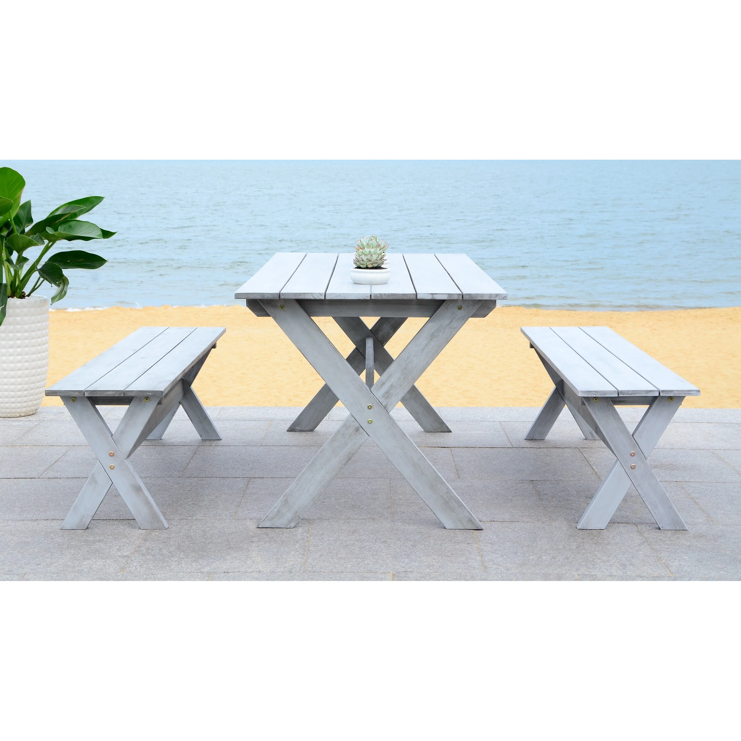 SAFAVIEH Outdoor Living Marina Grey 3-piece Table and Bench Dining Set - 35W x 59D x 30H