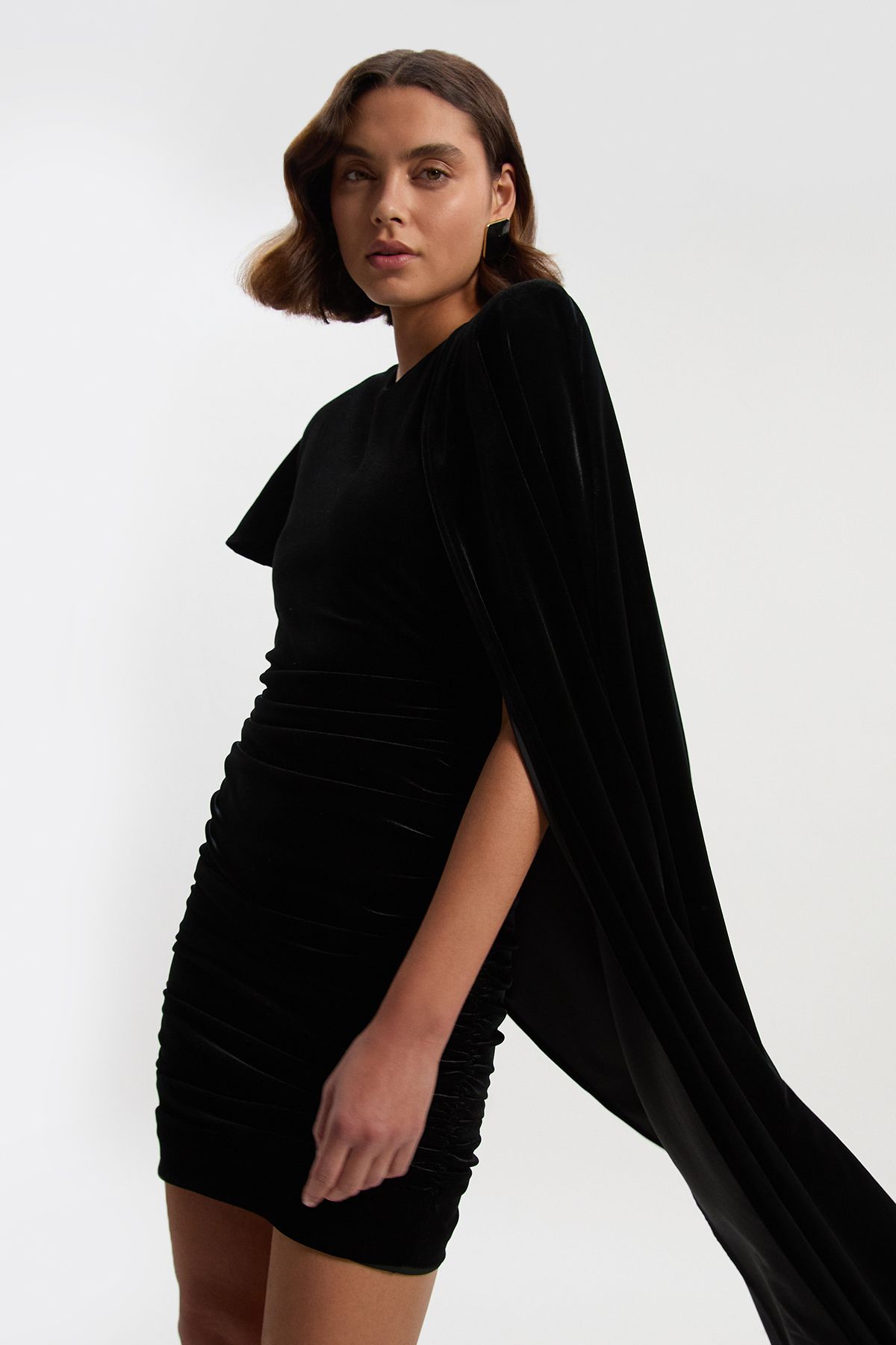 KarenMillen Stretch Velvet Jersey Cape Shoulder Mini Dress