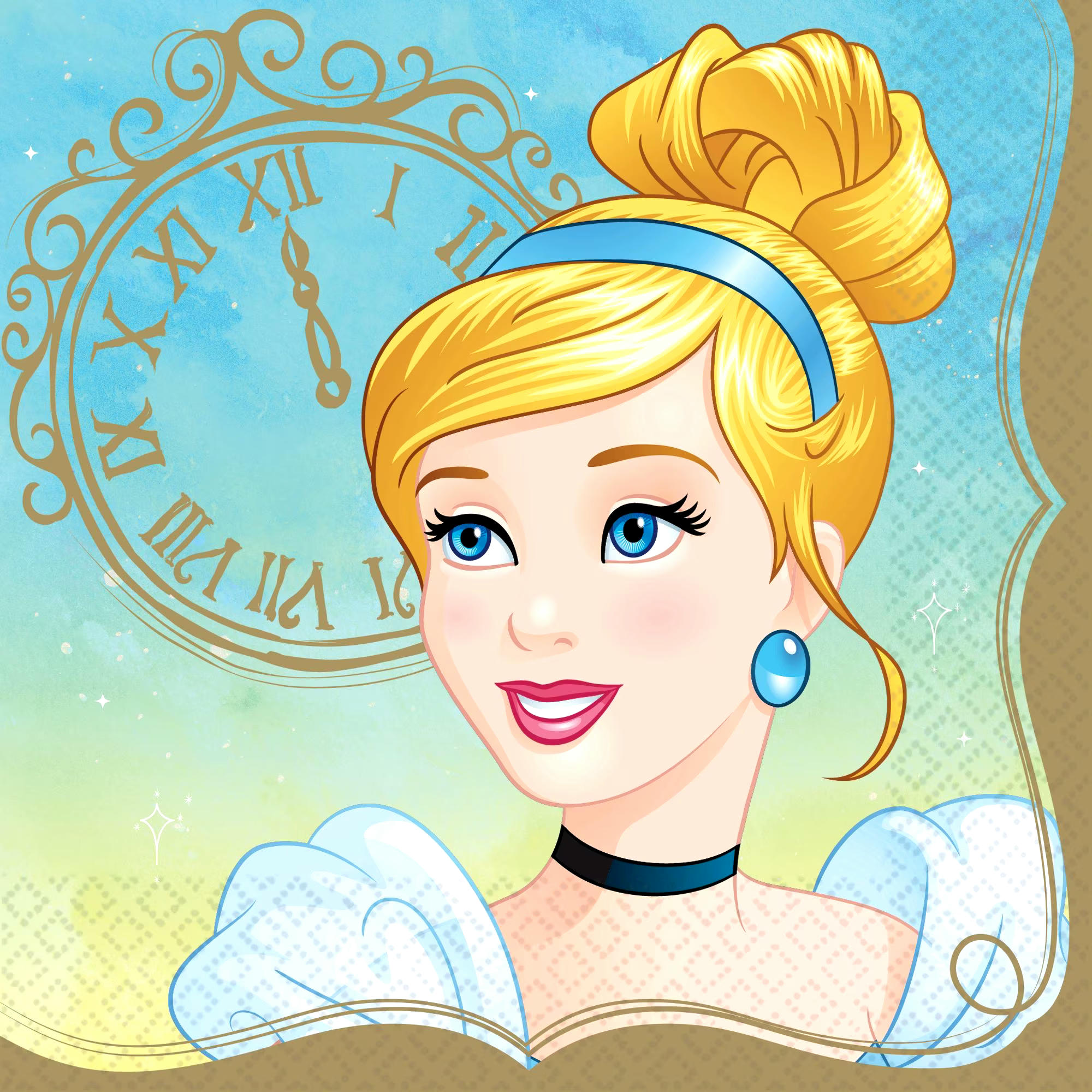 Disney Princess Once Upon A Time CinderellaSquare Paper Disposable Lunch Napkins, Blue, 6.5-in, 16-pk, 2-ply, for Birthday Party