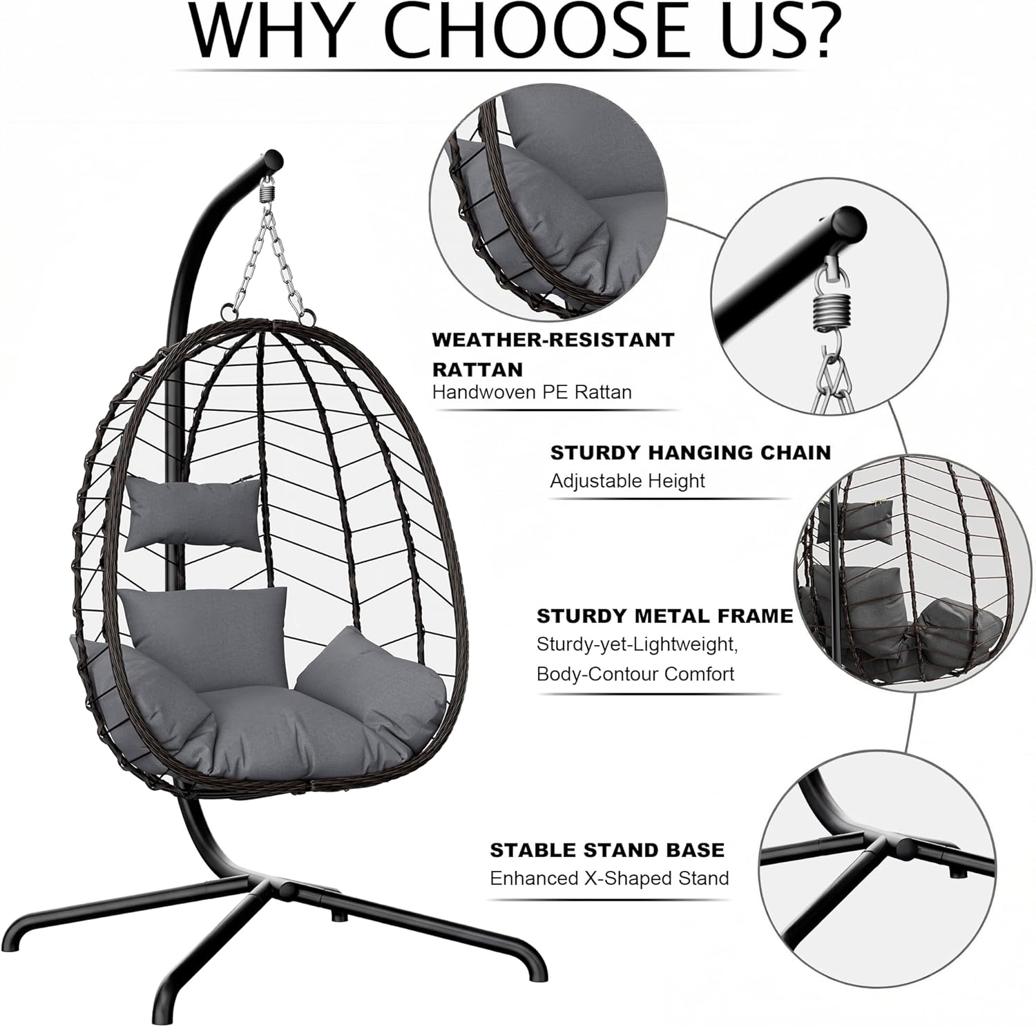 LEX CRAFT Hanging Egg Chair with Stand, Swinging Egg Chair Outdoor Indoor, Hanging Basket Chair with Cushion, Patio Wicker Hammock Chair 350lbs Capacity for Porch, Balcony, Backyard, Garden (Grey1)