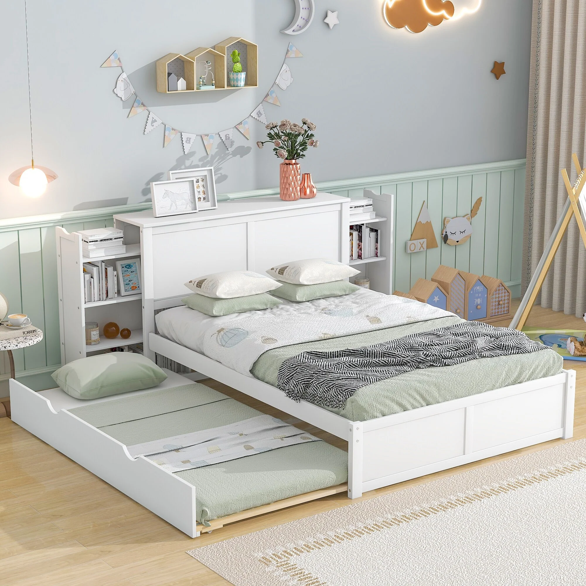 Full Size Storage Platform Bed with Shelves and Trundle, Space-Saving Design