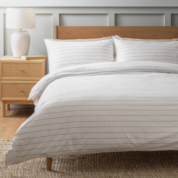 Habitat Cotton Washed Stripe White Bedding Set - Single