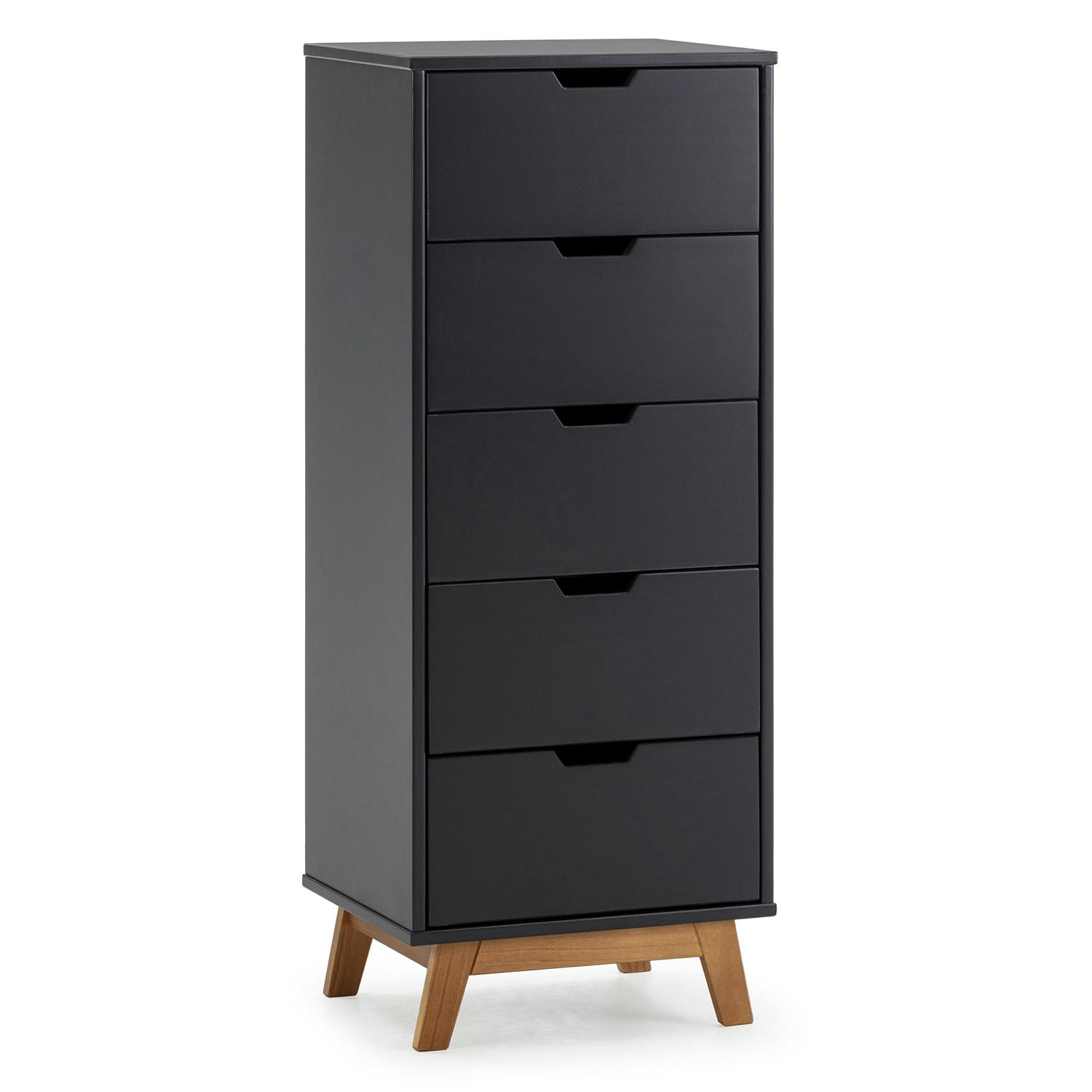 MIRANDA - chifonnier avec 5 tirois en couleur anthracite, pieds en bois naturel