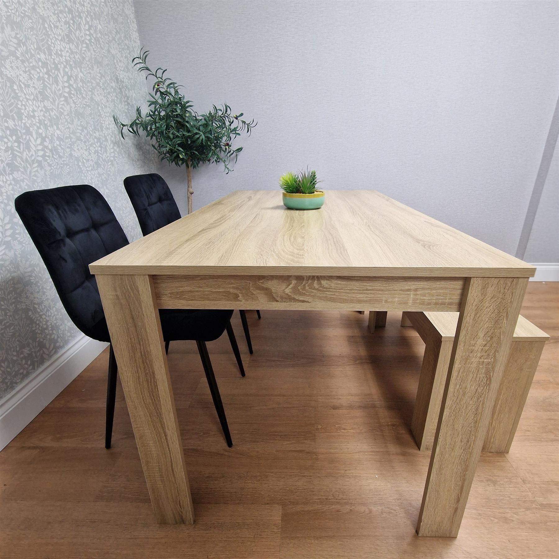 KOSY KOALA Oak Effect Dining Table Set With 2 Black Velvet Chairs And Bench Dining Room Furniture