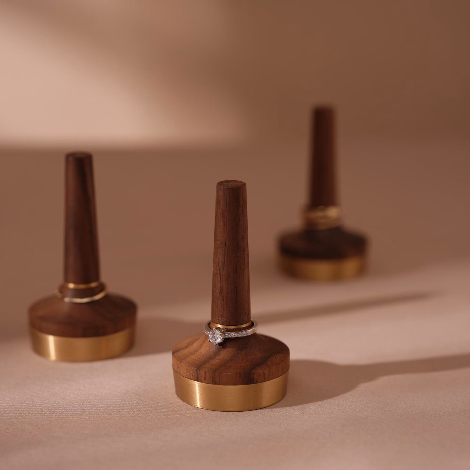 Black Walnut Ring Holder with Brass Base - Stamp Style Jewelry Display