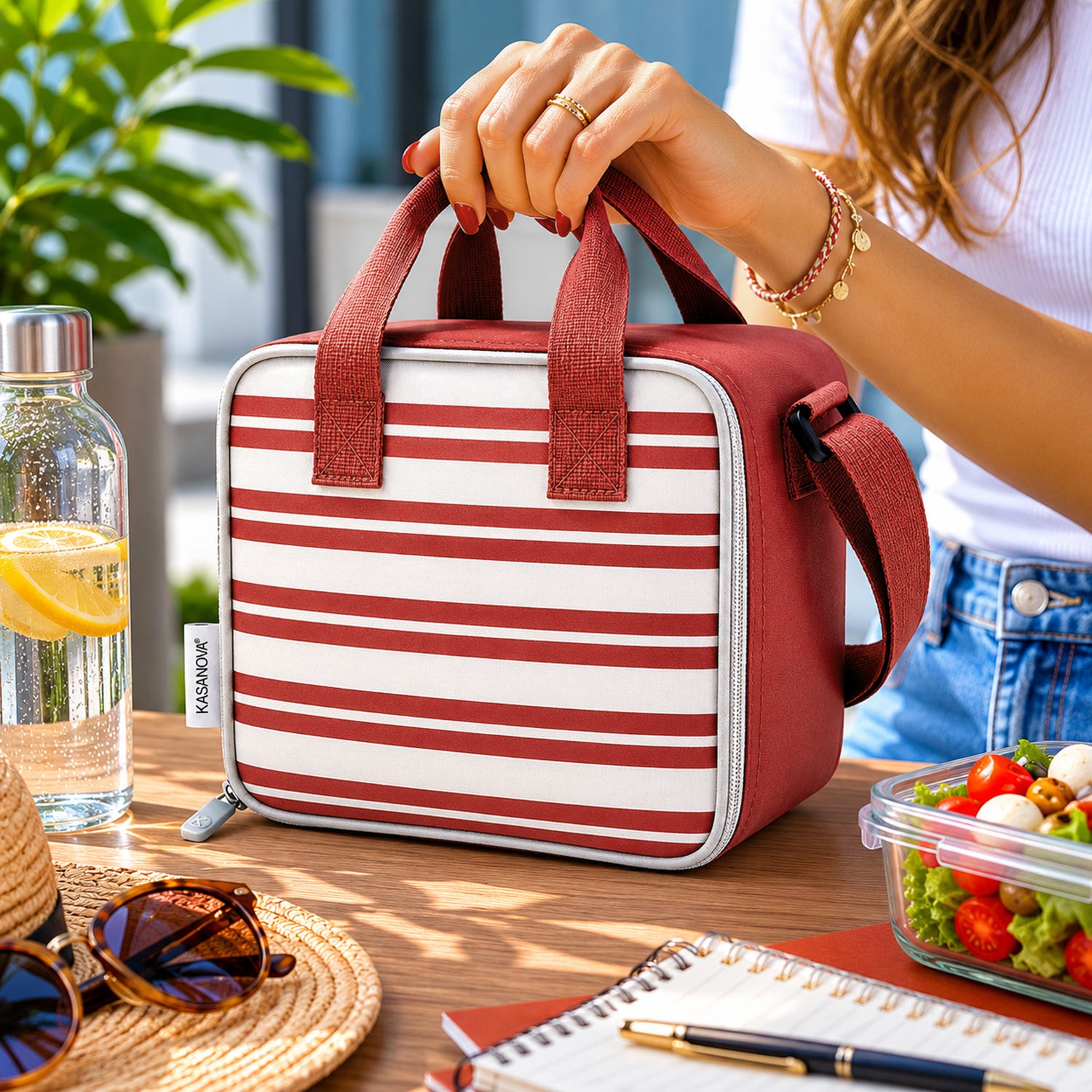 Borsa termica 8 L con tracolla e manici righe bordeaux